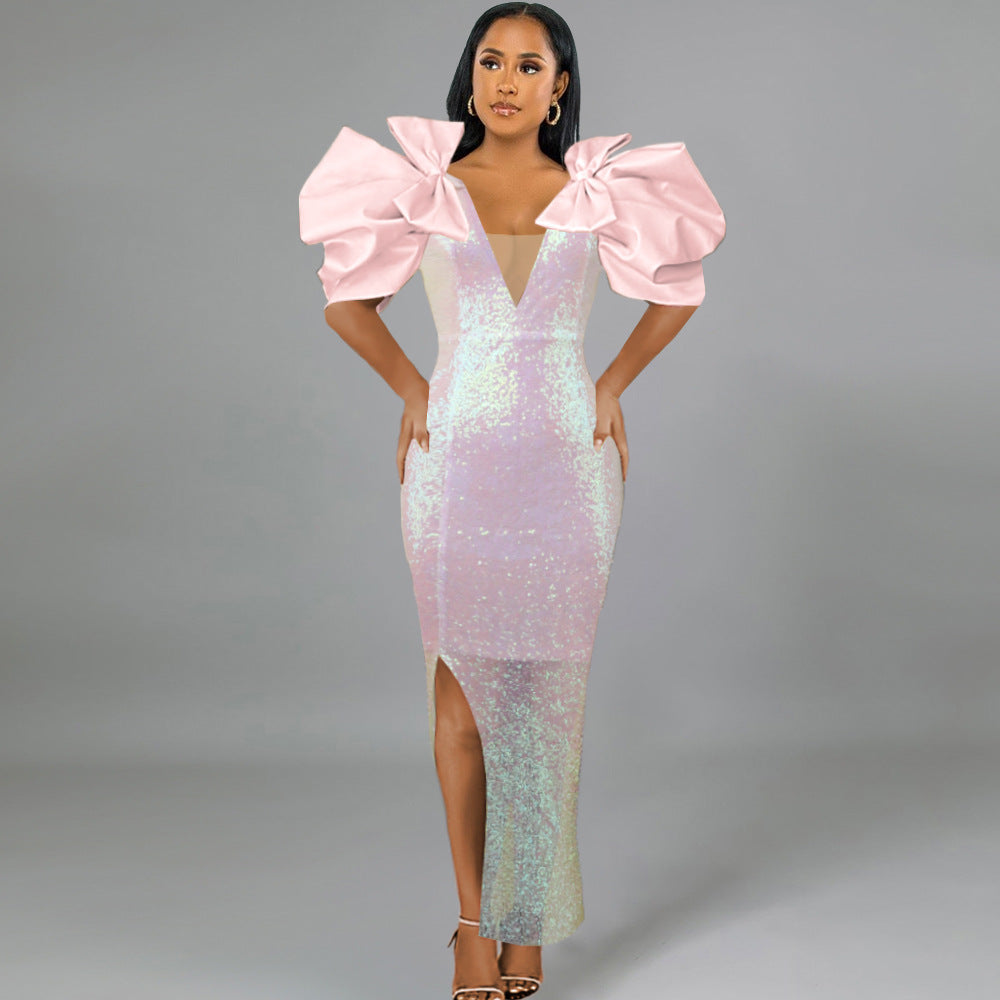 Damen Figurbetontes Glamour-Kleid mit schimmerndem Stoff und voluminösen Ärmeln Echo Archiv