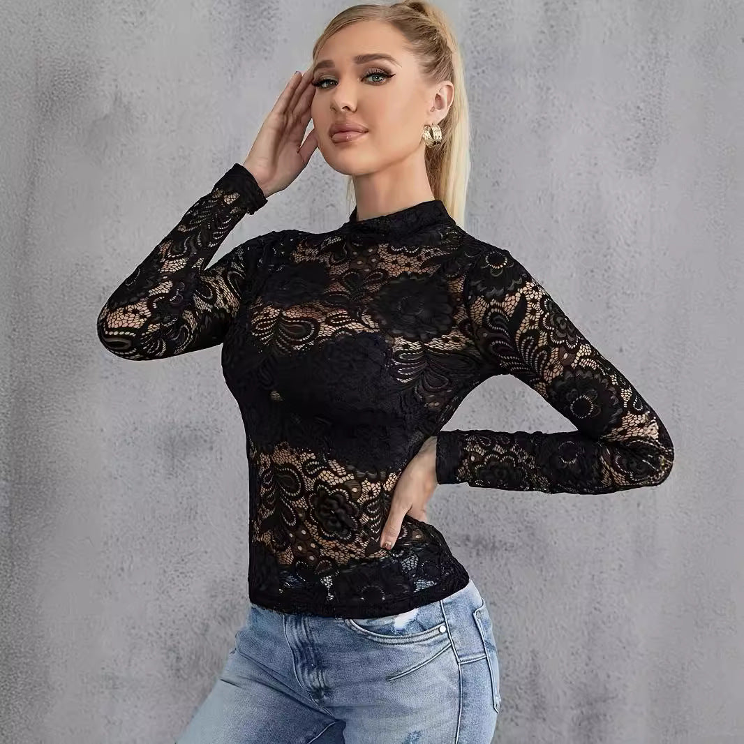 Damen nan figurbetontes Spitzen-Longsleeve mit Stehkragen und floralem Ajour-Muster Echo Archiv