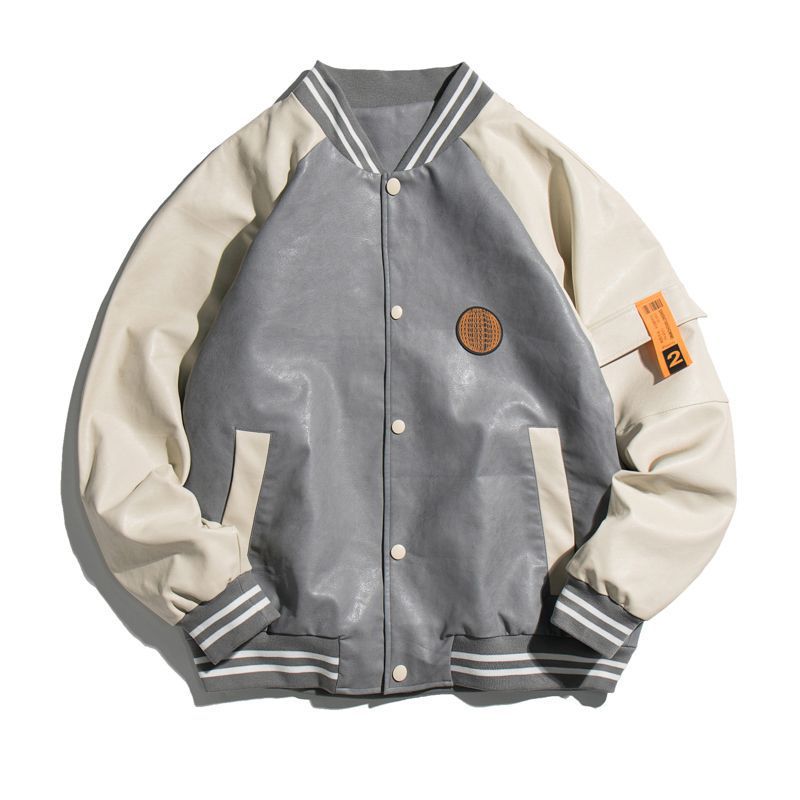 Herren College-Bomberjacke im Varsity-Stil aus Kunstleder mit Kontrastärmeln und Rippbündchen – Brevano