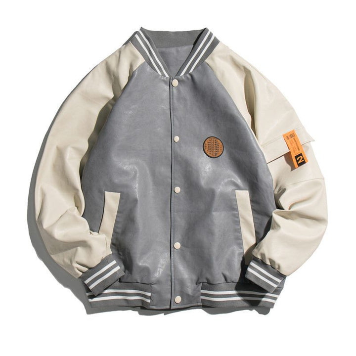 Herren College-Bomberjacke im Varsity-Stil aus Kunstleder mit Kontrastärmeln und Rippbündchen – Brevano