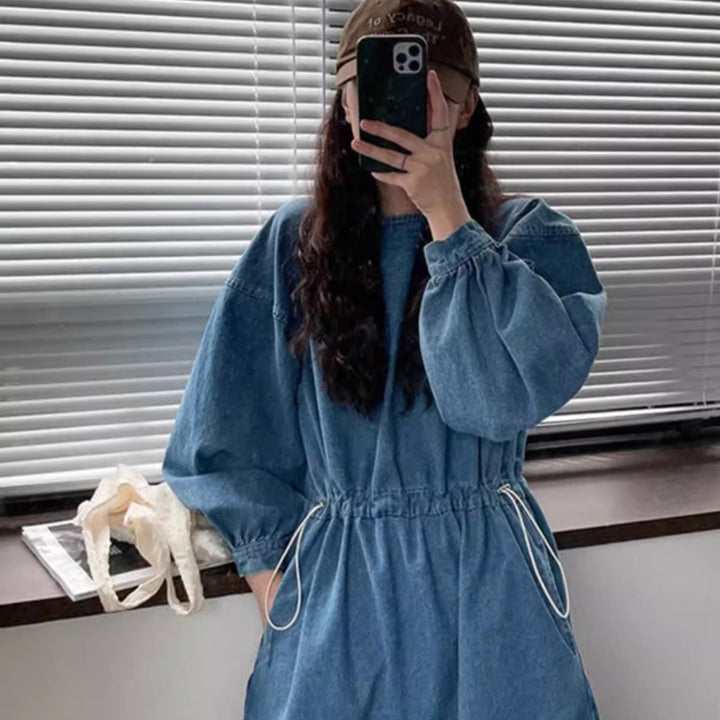 Damen Denim-Midikleid mit Kordelzugtaillierung Echoarchiv