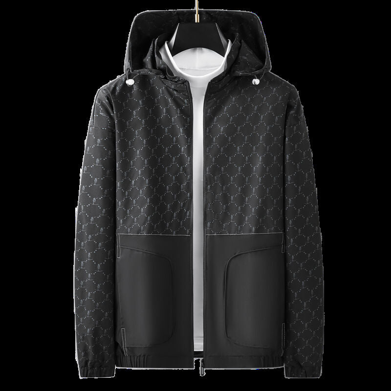 Herren Leichter wasserabweisender Kapuzen-Outdoorblouson mit Allover-Muster und großen Eingrifftaschen Echoarchiv
