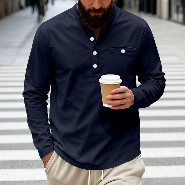 Herren nan langärmeliges Henley-Shirt mit Stehkragen, Brusttasche und dekorativer Knopfleiste Echo Archiv