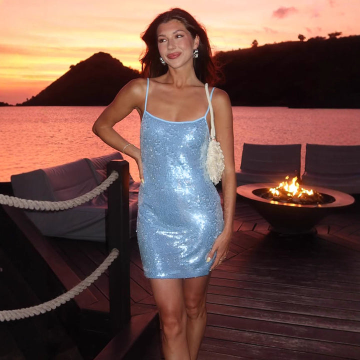 Damen Glitzerndes Party-Kleid mit Spaghettiträgern und figurbetontem Schnitt Echo Archiv