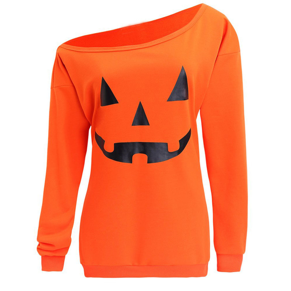 Damen Oversize Off-Shoulder Strickpullover mit Halloween-Kürbismotiv Echo Archiv