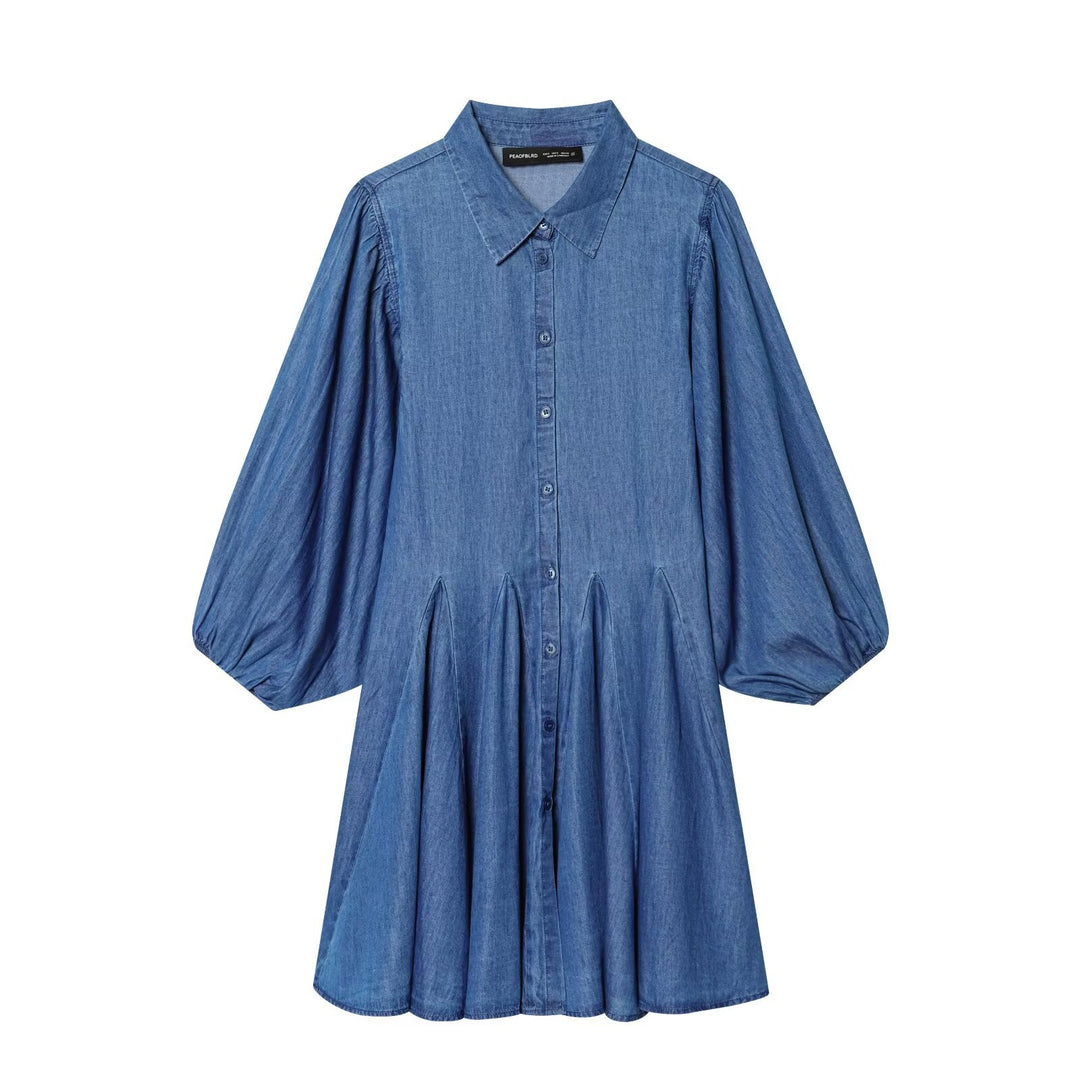 Damen Knielanges Hemdblusenkleid aus Denim mit Ballonärmeln und Faltenrock Echo Archiv