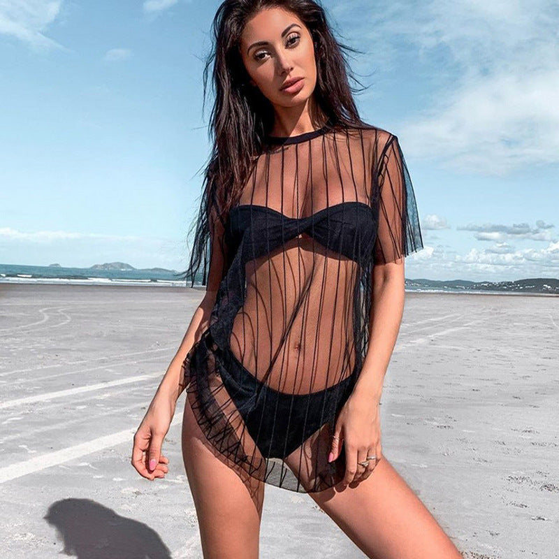 Damen Transparente Strandtunika mit vertikalen Streifen und weit geschnittenem Design Echo Archiv