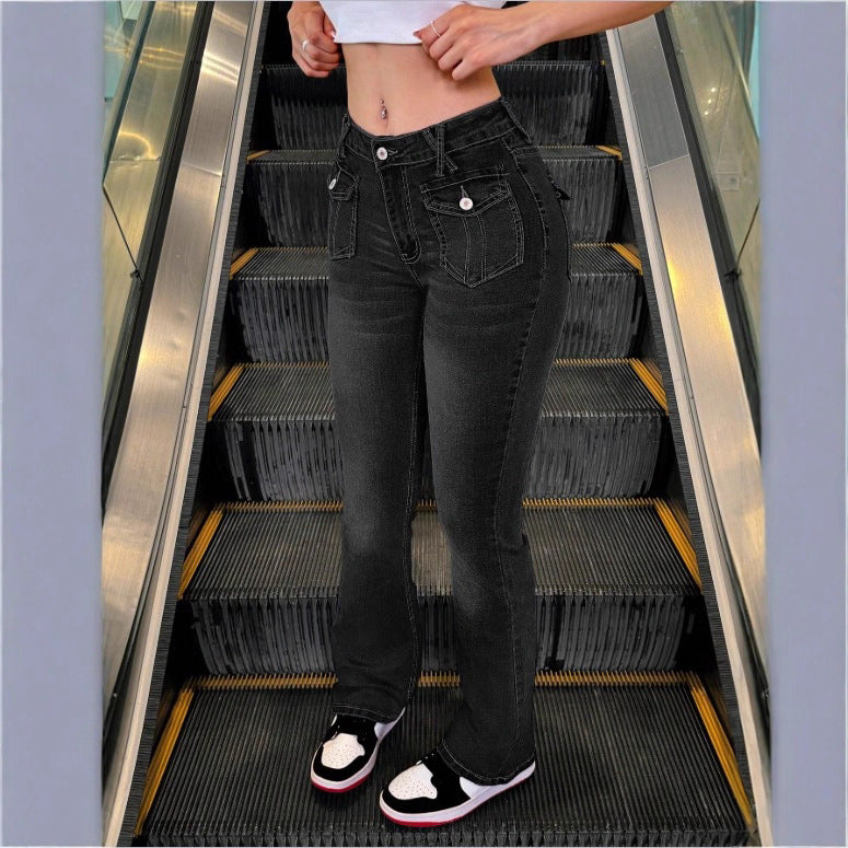 Damen Hochtaillierte Stretch-Jeans mit leichtem Flare und dekorativen Taschen Echo Archiv