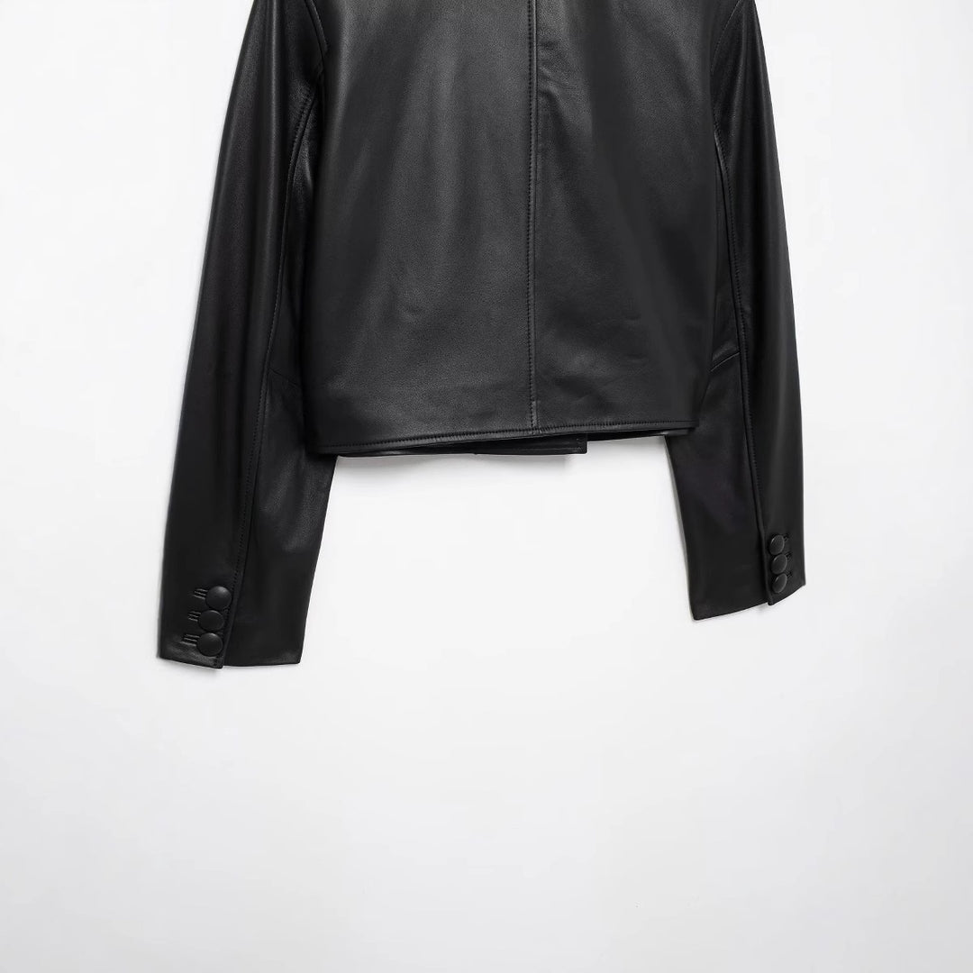 Damen nan kurz geschnittene Double‑Breasted Lederimitat Jacke mit Pattentaschen Echo Archiv