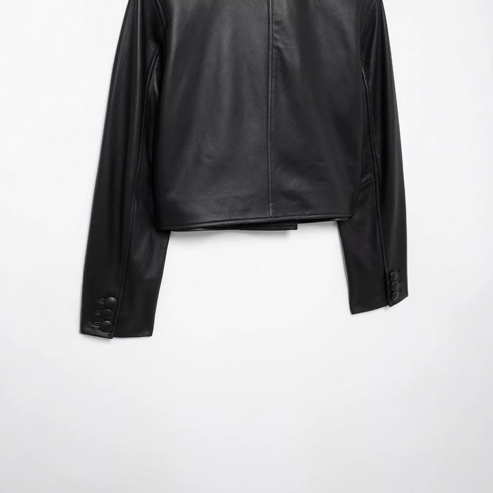Damen nan kurz geschnittene Double‑Breasted Lederimitat Jacke mit Pattentaschen Echo Archiv