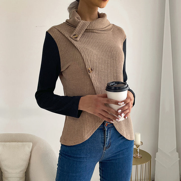 Damen Asymmetrisches Rippenstrick-Layering-Top mit Rollkragen und Zierknopfleiste Echoarchiv