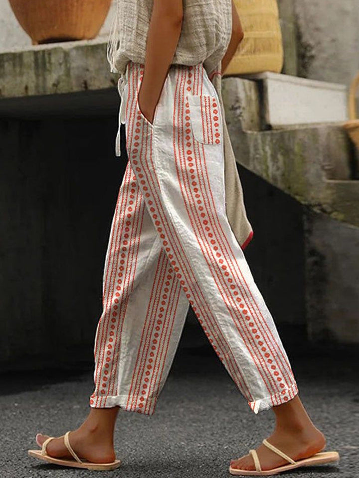 Damen Weite Leinenhose mit handgewebtem Muster Echoarchiv