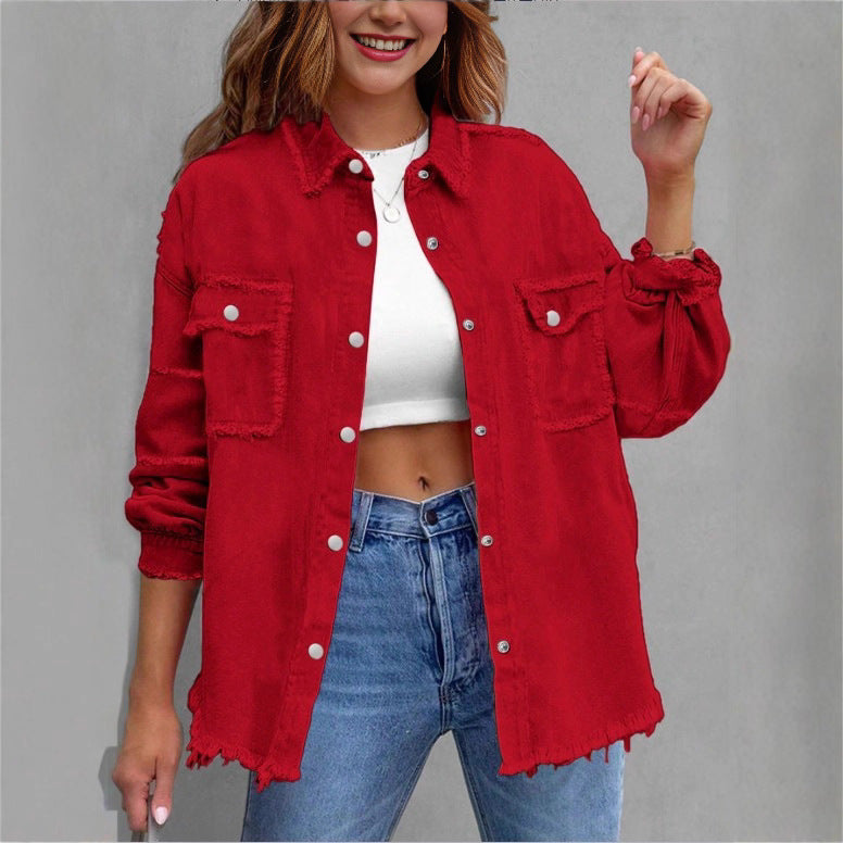 Damen Oversize-Jeanshemdjacke mit Fransenabschluss, Pattentaschen und Druckknopf-Front Echo Archiv