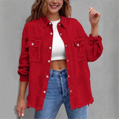 Damen Oversize-Jeanshemdjacke mit Fransenabschluss, Pattentaschen und Druckknopf-Front Echo Archiv