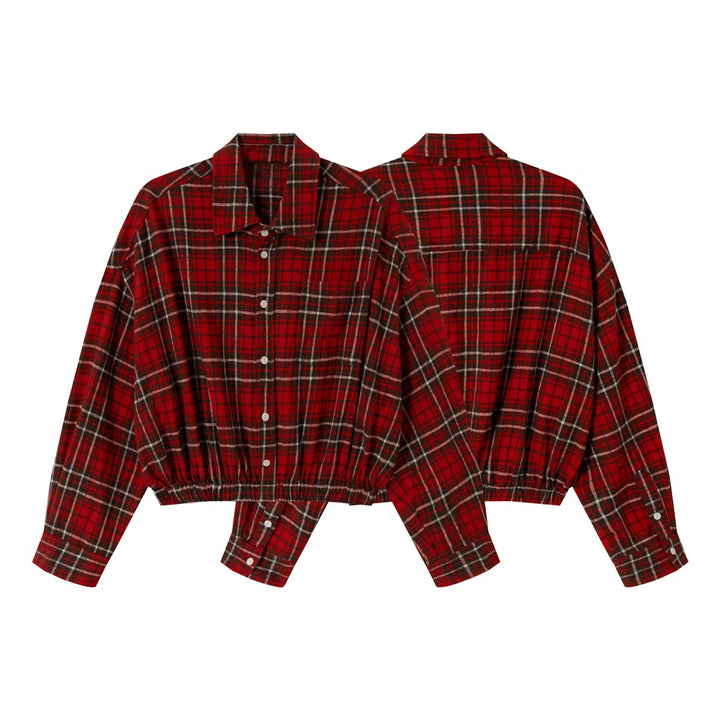 Damen Kurz geschnittene Oversize-Hemdjacke im Karo‑Flanell mit Gummizugsaum Echoarchiv