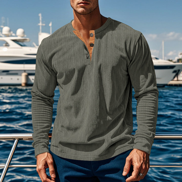 Herren Langarm-Henley-Shirt mit strukturiertem Design und modischen Knöpfen Echoarchiv