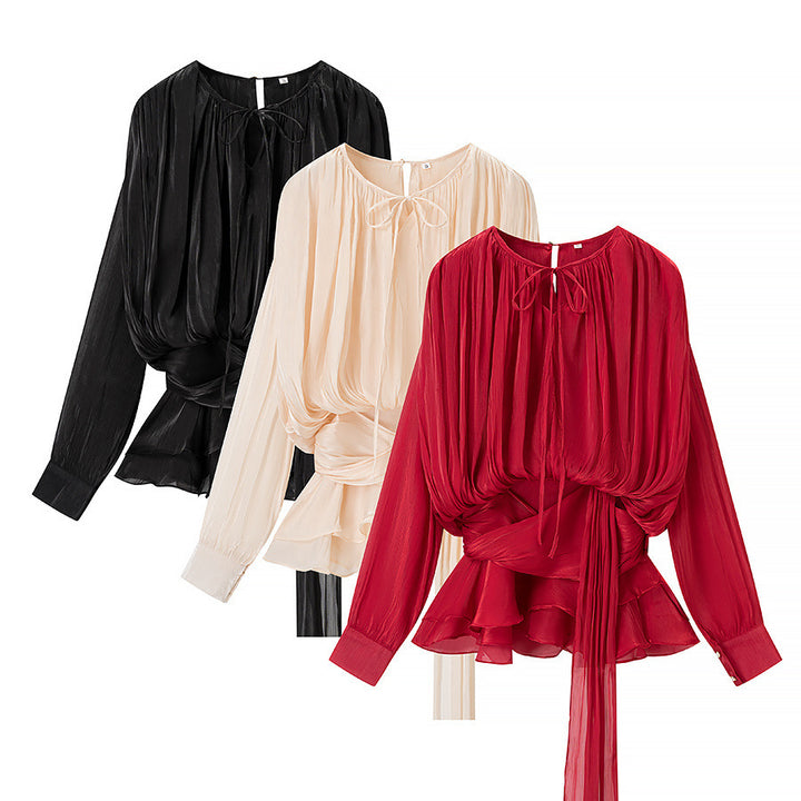Damen Chiffon-Bluse mit drapierter Korsagen-Optik, Volant‑Peplum und Bindegürtel Echo Archiv