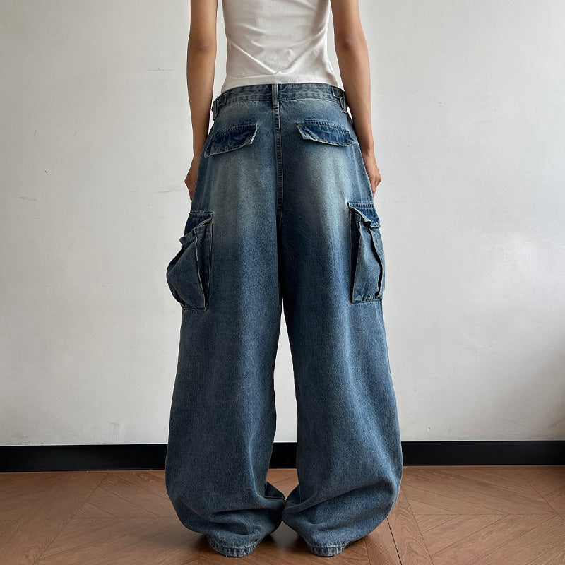 Damen Ultraweite Palazzodenim-Cargohose mit tiefem Schritt und übergroßen Klappentaschen Echo Archiv