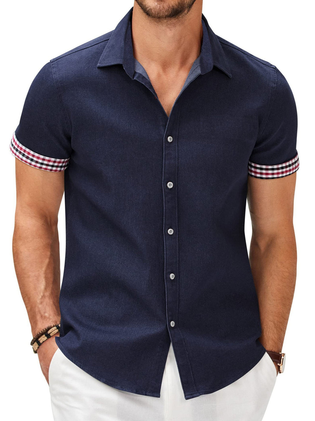 Herren Kurzarmhemd mit modernem Denim-Look und stylischem Karo-Muster Echoarchiv