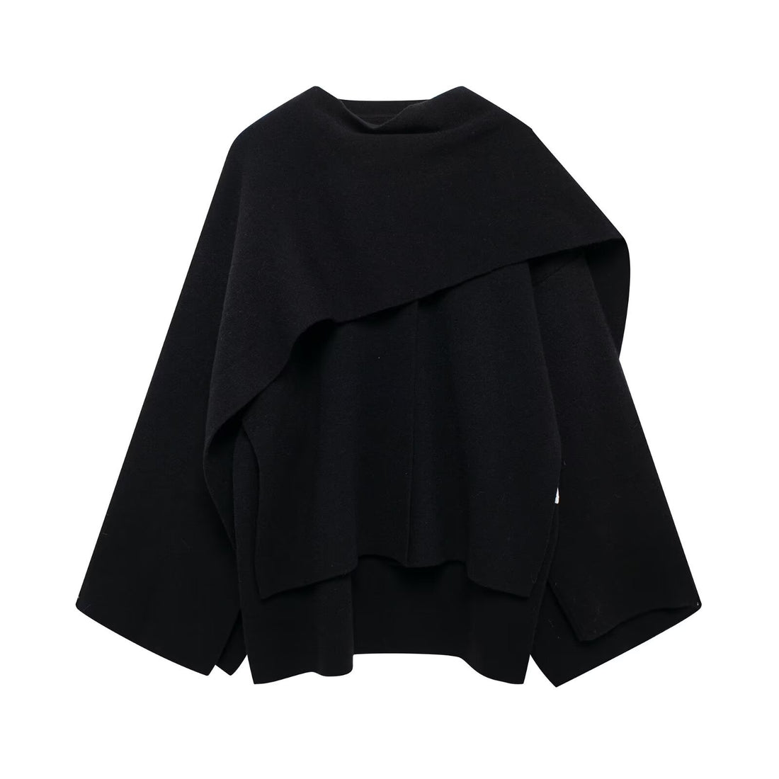 Damen zweilagiger Strickponcho mit asymmetrischem Saum und dekorativem Knopfkragen – Veloura