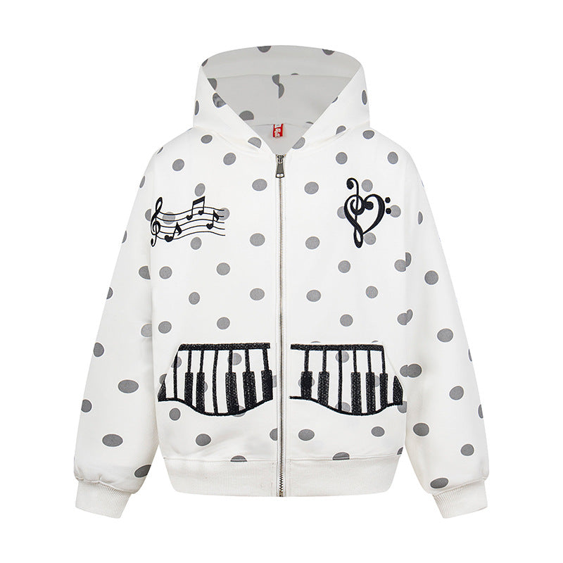 Damen Kapuzen-Sweatjacke im Retro-Punkte-Look mit gestickten Klavier-Taschen und Noten-Emblem Echoarchiv
