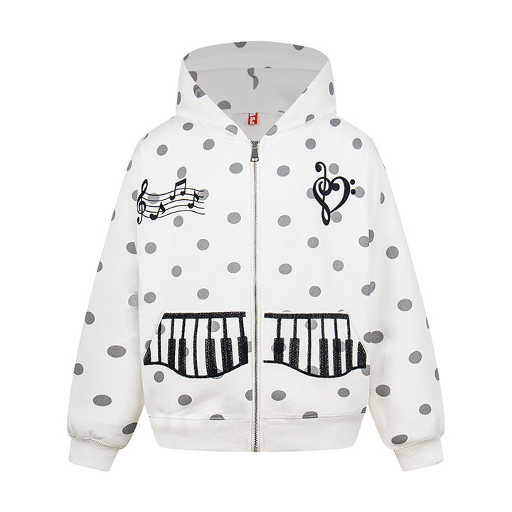 Damen Kapuzen-Sweatjacke im Retro-Punkte-Look mit gestickten Klavier-Taschen und Noten-Emblem Echoarchiv