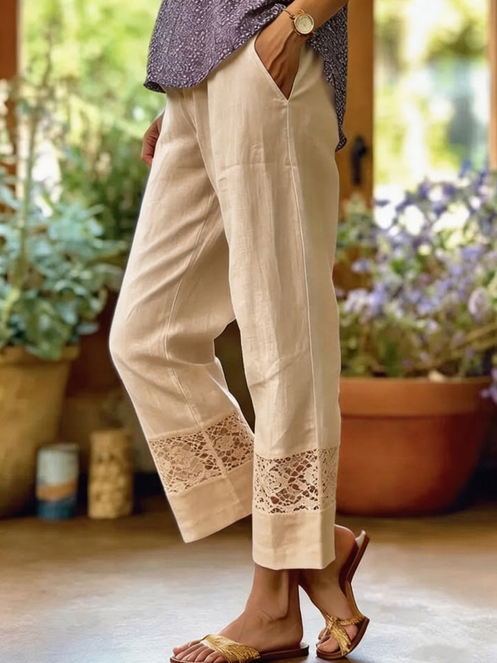 Damen Leinenoptik Culotte-Hose mit Spitzeinsatz am Saum und seitlichen Eingrifftaschen – Avélisse