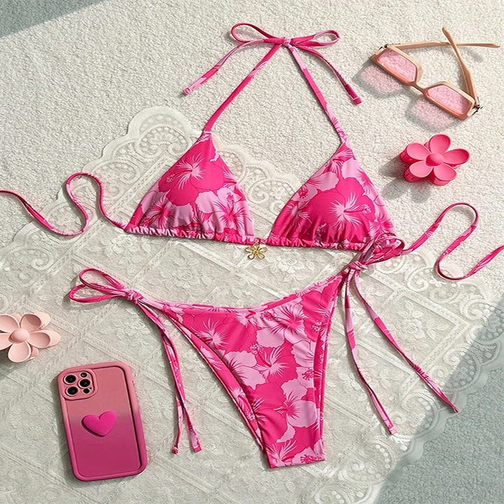 Damen Triangel-Bikini mit floralem Muster und eleganten Bindebändern Echo Archiv
