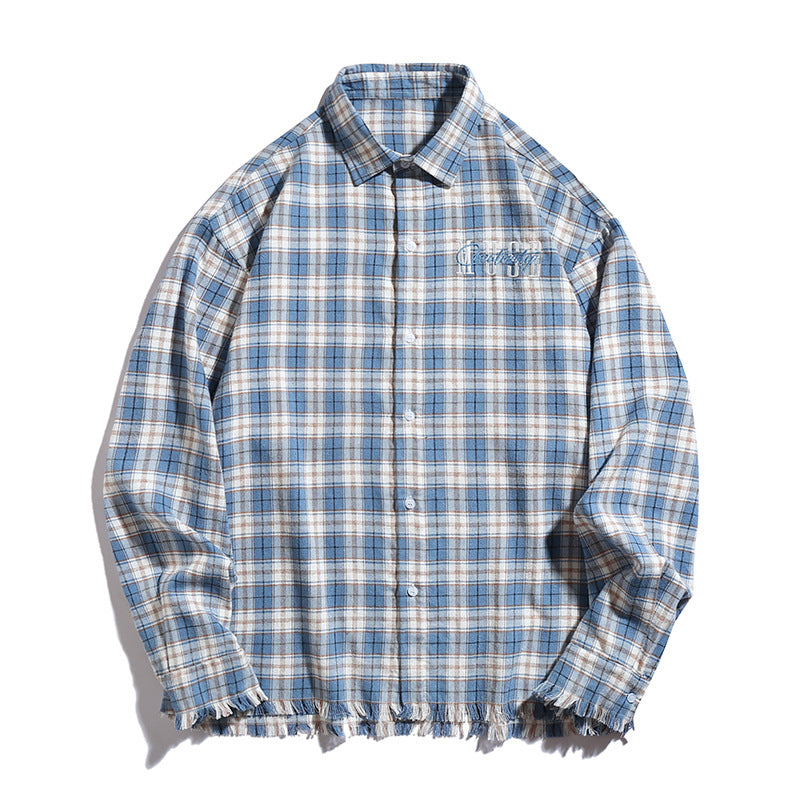 Unisex Overshirt im Karo-Look mit fransigem Saum, Bruststickerei und Knopfleiste Echo Archiv