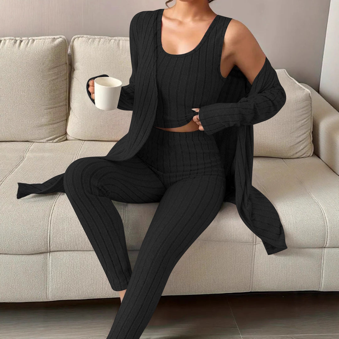 Damen Geripptes Feinstrick-Lounge-Set mit Longcardigan, kurzes Top und hochtaillierten Leggings – Élanora