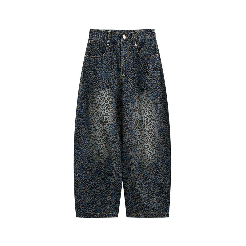 Damen Kurzgeschnittene Weite Jeans mit hoher Taille und Leopardenmuster Echoarchiv