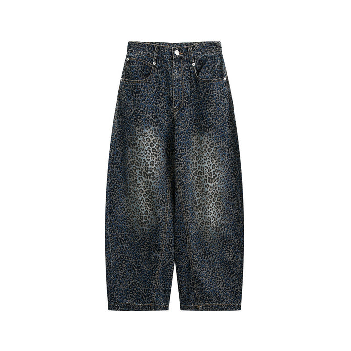 Damen Kurzgeschnittene Weite Jeans mit hoher Taille und Leopardenmuster Echoarchiv