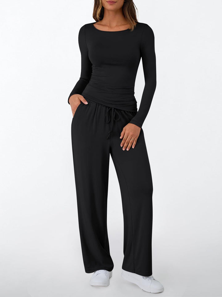 Damen Figurnahes Langarm-Shirt und Palazzo-Jerseyhose Loungewear-Set – Avérine