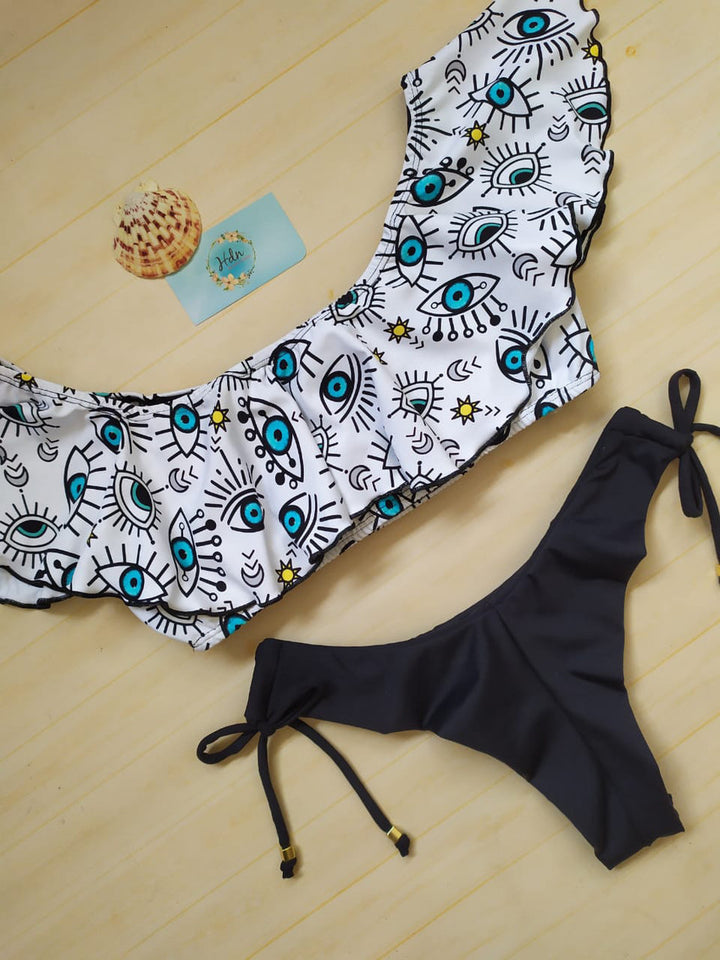 Damen Bunt bedruckter Bikini mit Schultervolants Echo Archiv