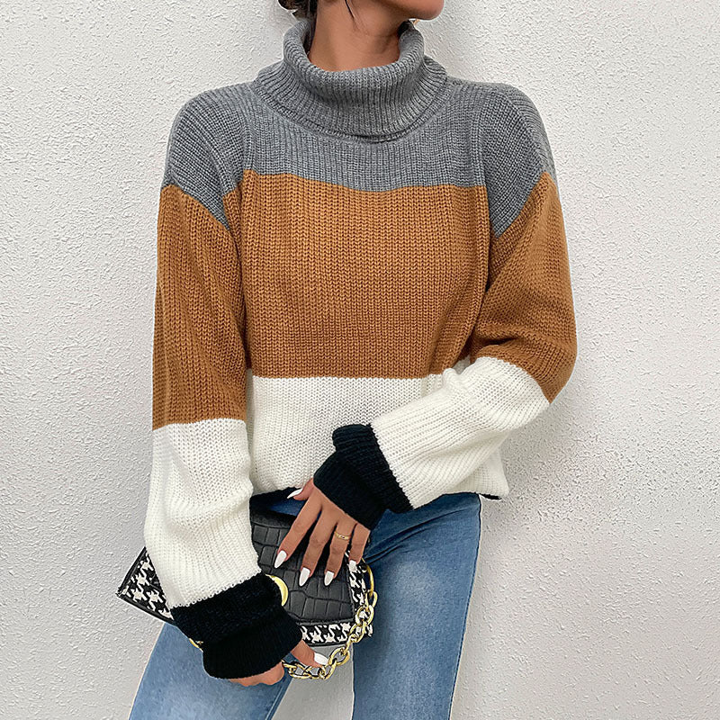 Damen Rollkragen-Colorblock-Pullover aus Grobstrick Echoarchiv
