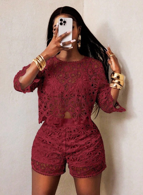 Damen nan gehäkeltes zweiteiliges Set mit Crop-Top und taillenhohen Shorts Echo Archiv
