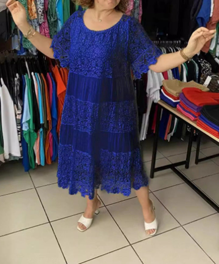 Damen nan mehrlagiges Spitzen-Midikleid mit plissierten Einsätzen und Volantärmeln Echo Archiv