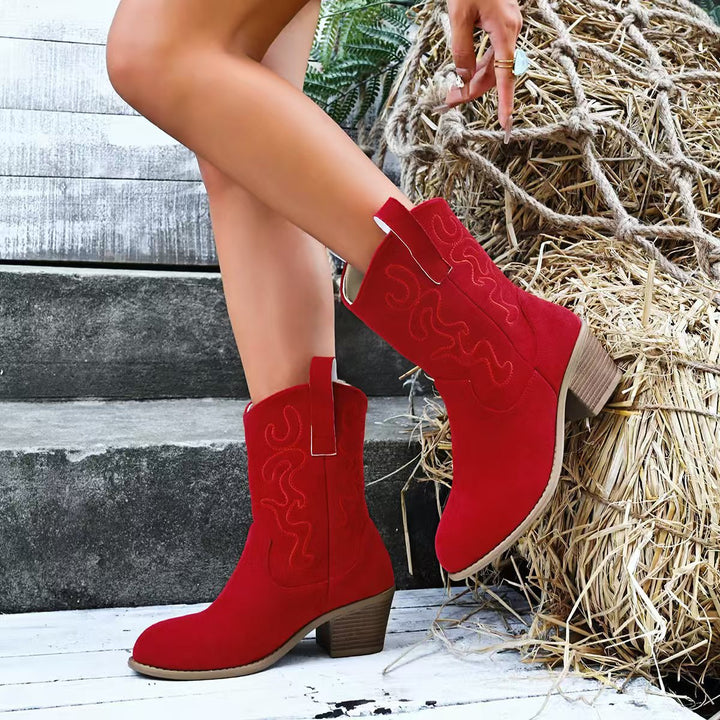 Damen Kurzschaft-Ankleboots im Westernstil aus Velours mit gestickter Ziernaht und Blockabsatz Echo Archiv