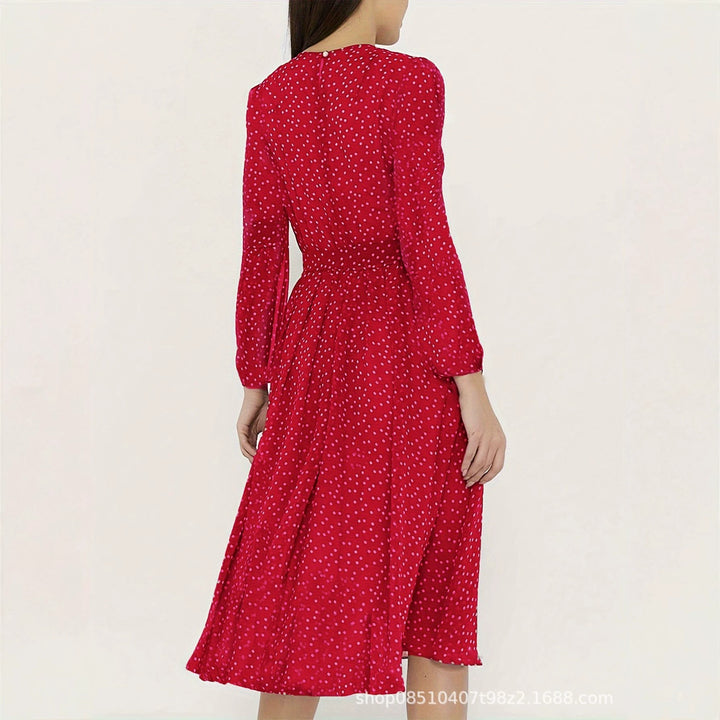 Damen Midikleid mit Punkten, taillierter Bindegürtel und Volantrock – Élara