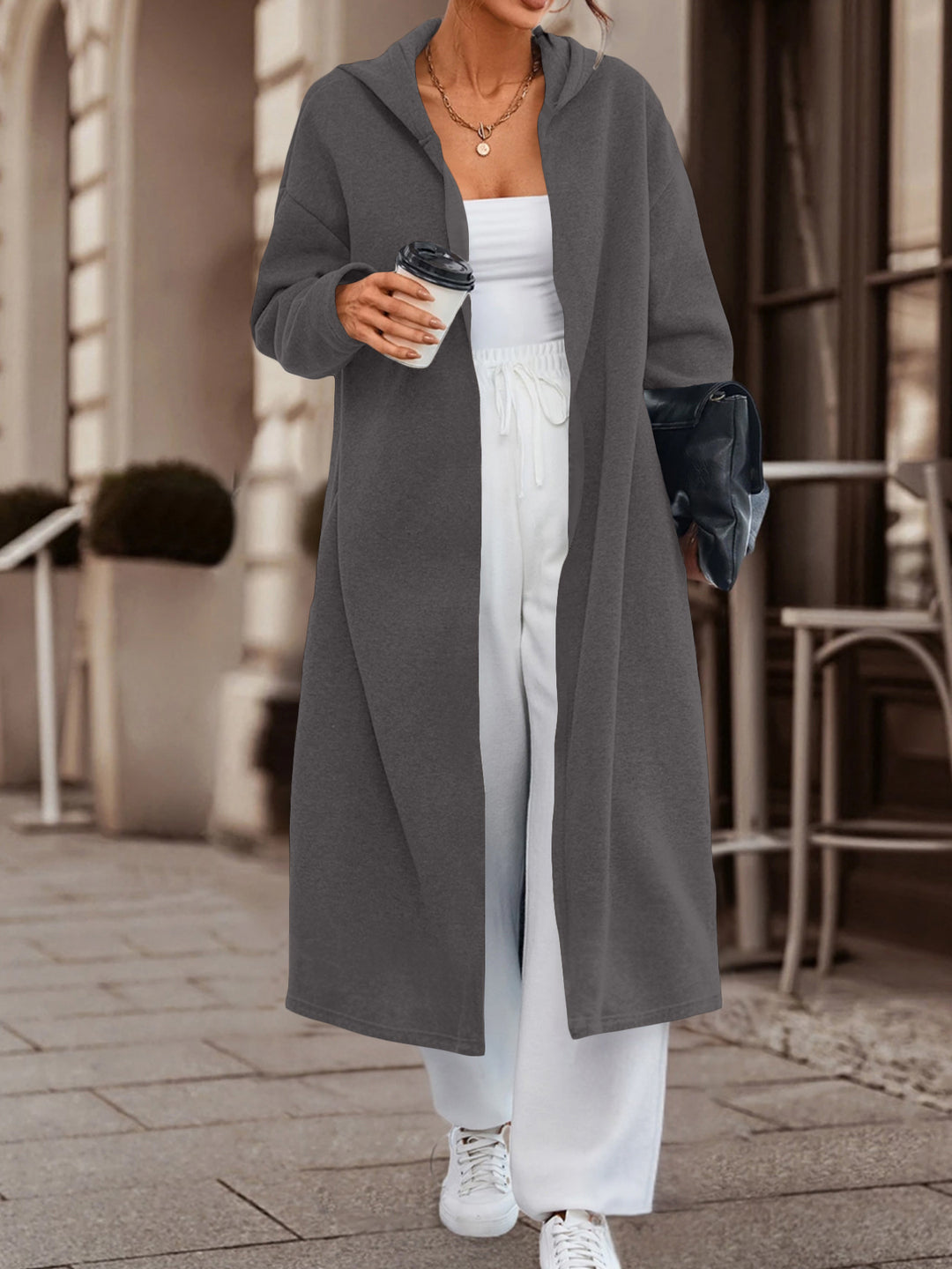 Damen Langer Oversize Kapuzenmantel mit offener Front und weichem Fleece – Célinea