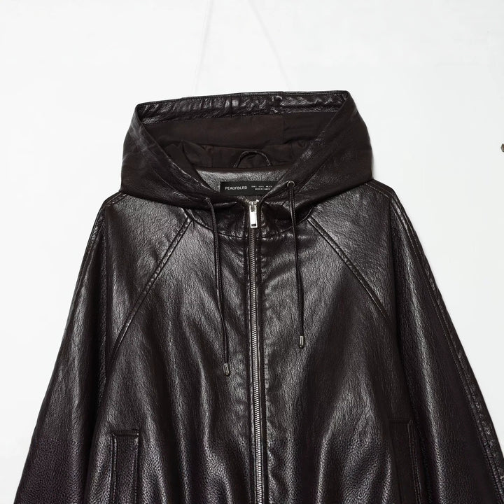 Damen Kapuzen-Leder-Bomberjacke mit Reißverschluss, Kordelzug und elastischem Saum Echo Archiv