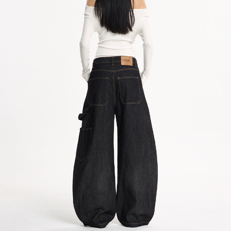 Damen Extraweite Denim-Palazzohose im Cargostil mit tiefem Schritt, Kontrastnähten und Utility‑Details Echo Archiv