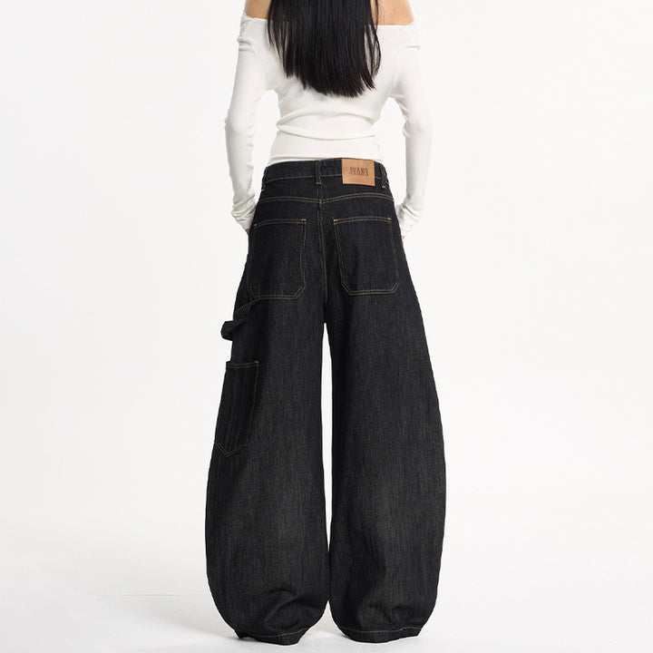 Damen Extraweite Denim-Palazzohose im Cargostil mit tiefem Schritt, Kontrastnähten und Utility‑Details Echo Archiv