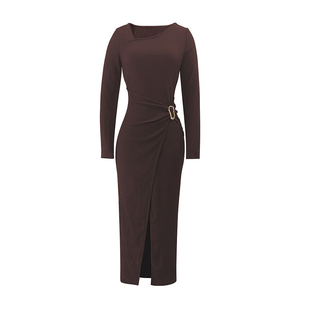 Damen asymmetrisches Wickel-Midikleid mit Ziergürtel, Drapierung und hohem Beinschlitz – Élara