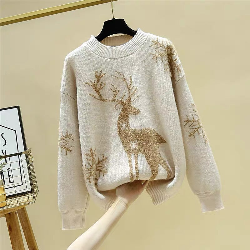Damen Gemusterter Strickpullover mit Rentier-Jacquard, Rundhalsausschnitt und geripptem Saum – Mavelle