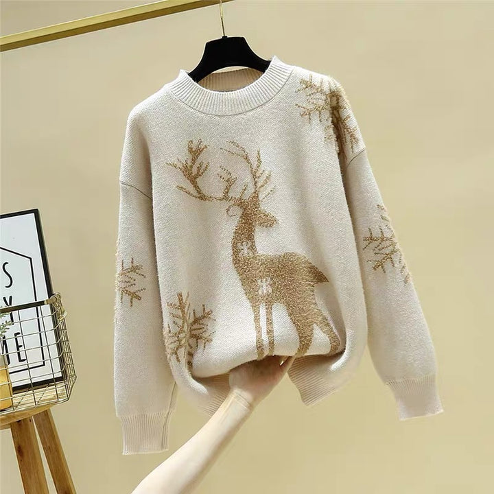 Damen Gemusterter Strickpullover mit Rentier-Jacquard, Rundhalsausschnitt und geripptem Saum – Mavelle
