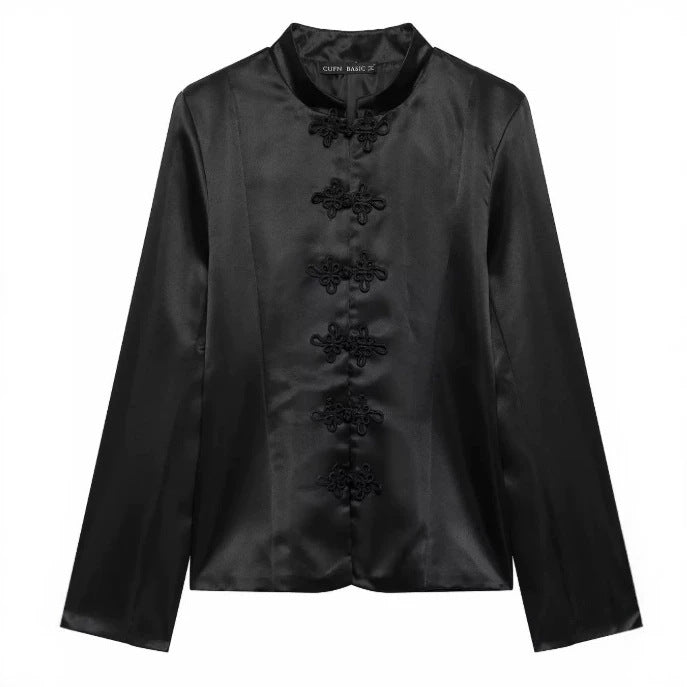 Damen Satinbluse mit Mandarinkragen und dekorativen Knotenverschlüssen Echo Archiv