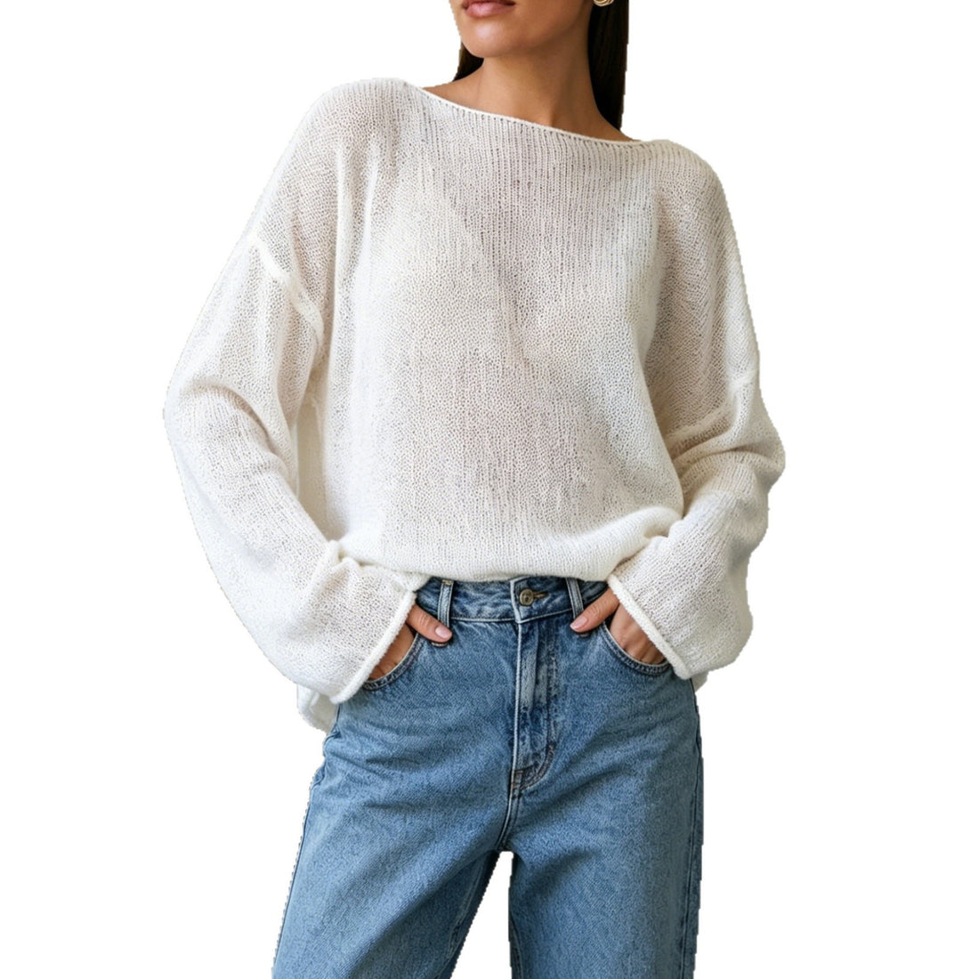 Damen luftiger Oversize-Feinstrickpullover mit weitem Arm und Rundhalsausschnitt – Mavelle