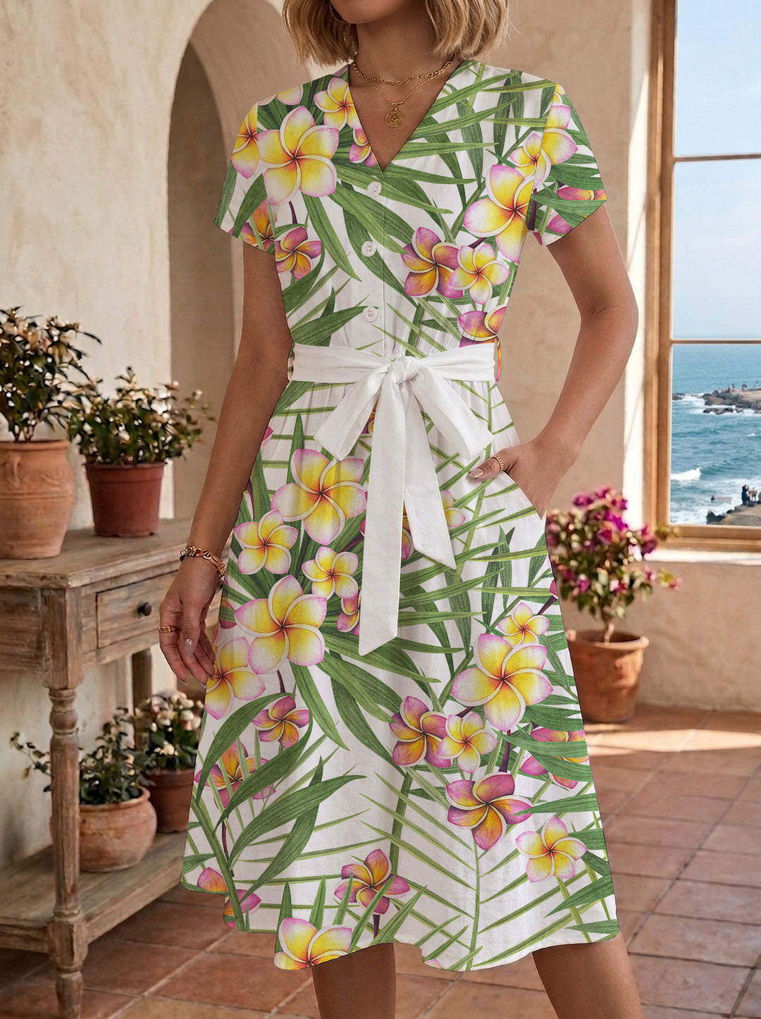 Damen Midikleid mit farbenfrohem Blumendesign und taillierbarem Bindegürtel Echo Archiv