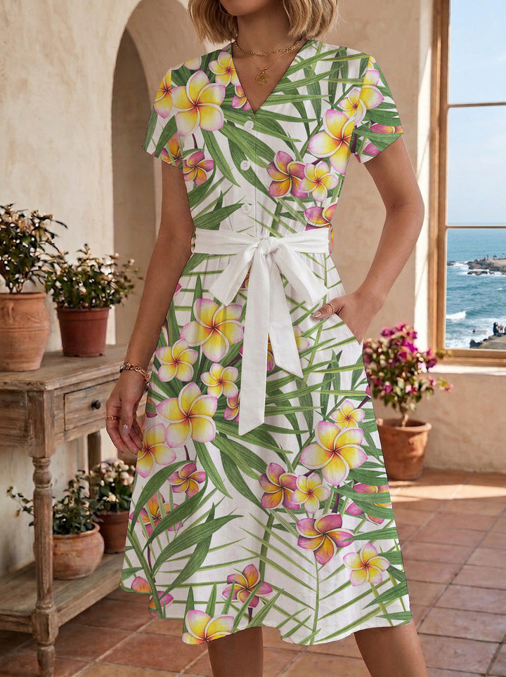 Damen Midikleid mit farbenfrohem Blumendesign und taillierbarem Bindegürtel Echo Archiv